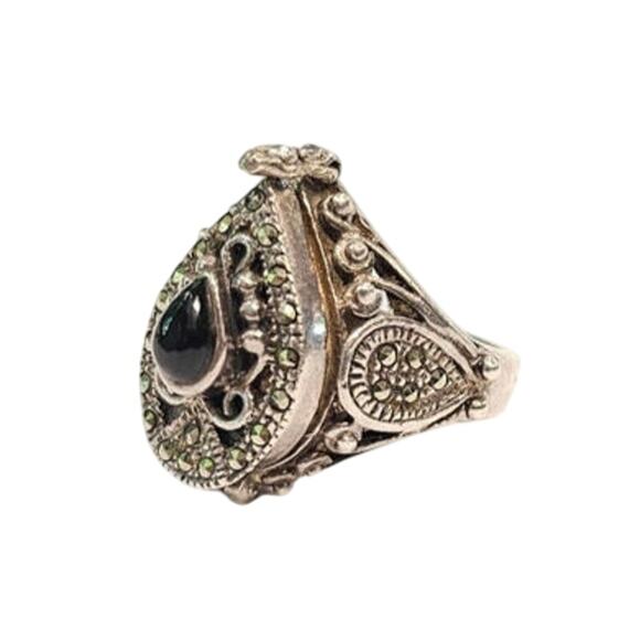 Pill Locket Ring Sterling Marcasite Onyx Ring - Picture 2 of 6